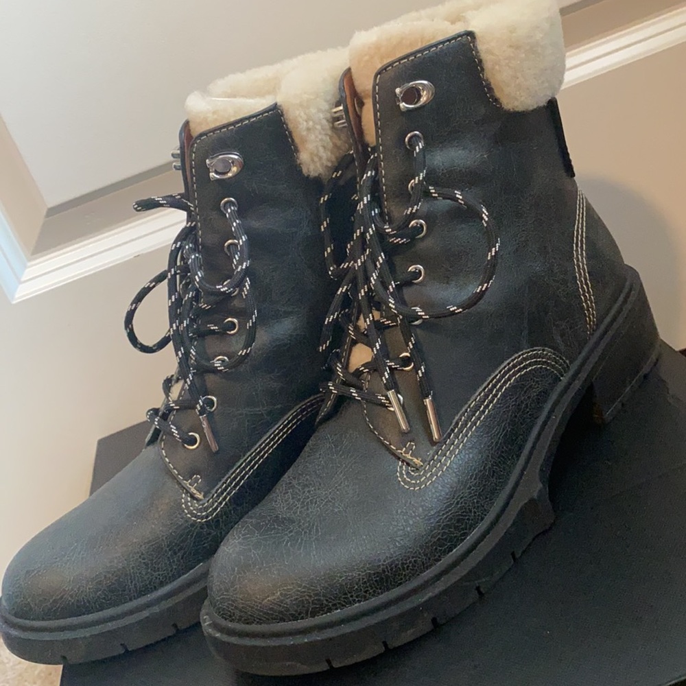 Coach black fuzzy combat boots